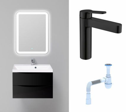 Комплект: Мебель для ванной BelBagno Marino 70 nero lucido + Смеситель BelBagno Delta DEL-LVM-NERO черный + Сифон АниПласт