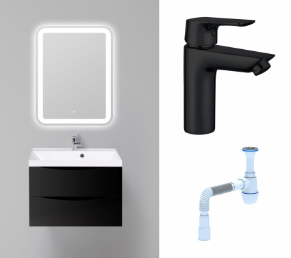 Комплект: Мебель для ванной BelBagno Marino 70 nero lucido + Смеситель Aquanet Static AF330-10B черный + Сифон АниПласт