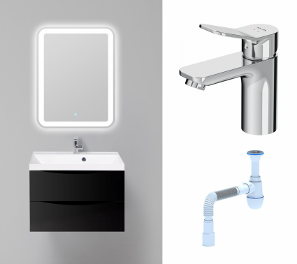 Комплект: Мебель для ванной BelBagno Marino 70 nero lucido + Смеситель Am.Pm X-Joy F85A02100 хром + Сифон АниПласт
