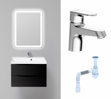 Комплект: Мебель для ванной BelBagno Marino 70 nero lucido + Смеситель Bravat Alfa F1120178CP хром + Сифон АниПласт