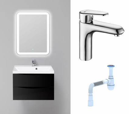 Комплект: Мебель для ванной BelBagno Marino 70 nero lucido + Смеситель Lemark Point LM0306C хром + Сифон АниПласт