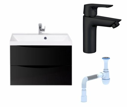 Комплект: Тумба с раковиной BelBagno Marino 70 nero lucido + Смеситель Aquanet Static AF330-10B черный + Сифон АниПласт