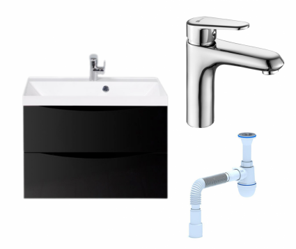 Комплект: Тумба с раковиной BelBagno Marino 70 nero lucido + Смеситель Lemark Point LM0306C хром + Сифон АниПласт