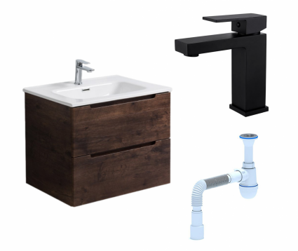 Комплект: Тумба с раковиной BelBagno Etna 80 rovere moro + Смеситель Haiba HB10803-7 черный + Сифон АниПласт