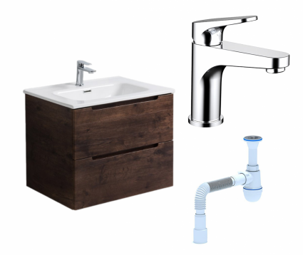 Комплект: Тумба с раковиной BelBagno Etna 80 rovere moro + Смеситель Bravat Eler F1191238CP-RUS хром + Сифон АниПласт