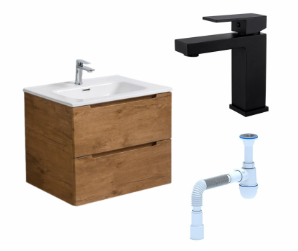 Комплект: Тумба с раковиной BelBagno Etna 60 rovere nature + Смеситель Haiba HB10803-7 черный + Сифон АниПласт