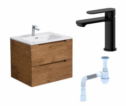 Комплект: Тумба с раковиной BelBagno Etna 60 rovere nature + Смеситель Haiba HB10590-7 черный + Сифон АниПласт