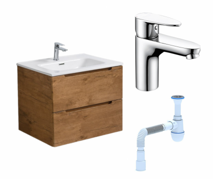 Комплект: Тумба с раковиной BelBagno Etna 60 rovere nature + Смеситель Wasserkraft Leine 3503 хром + Сифон АниПласт