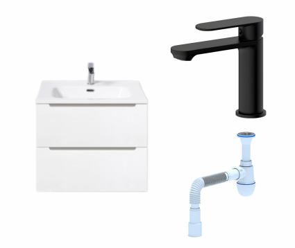 Комплект: Тумба с раковиной BelBagno Etna 60 bianco lucido + Смеситель Haiba HB10590-7 черный + Сифон АниПласт