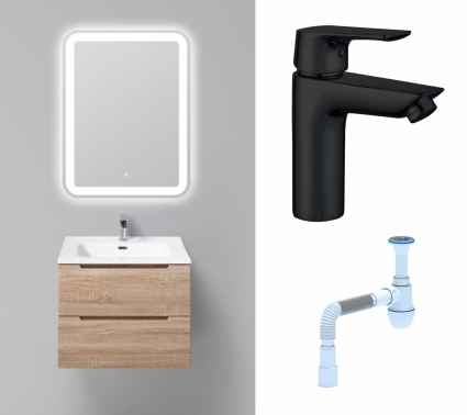 Комплект: Мебель для ванной BelBagno Etna 60 rovere bianco + Смеситель Aquanet Static AF330-10B черный + Сифон АниПласт