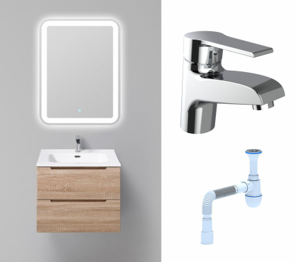 Комплект: Мебель для ванной BelBagno Etna 60 rovere bianco + Смеситель Agger Right A2902100 хром + Сифон АниПласт