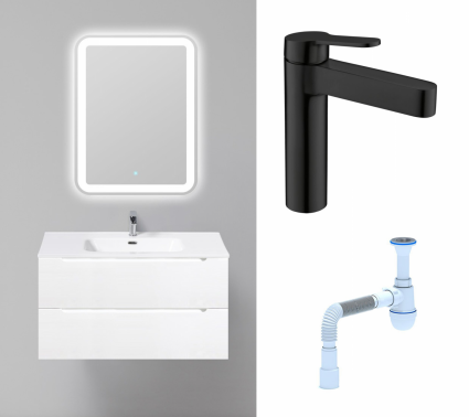 Комплект: Мебель для ванной BelBagno Etna 90 bianco opaco + Смеситель BelBagno Delta DEL-LVM-NERO черный + Сифон АниПласт
