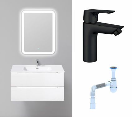 Комплект: Мебель для ванной BelBagno Etna 90 bianco opaco + Смеситель Aquanet Static AF330-10B черный + Сифон АниПласт