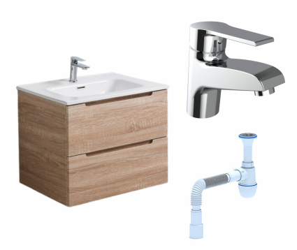 Комплект: Тумба с раковиной BelBagno Etna 60 rovere bianco + Смеситель Agger Right A2902100 хром + Сифон АниПласт