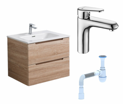Комплект: Тумба с раковиной BelBagno Etna 60 rovere bianco + Смеситель Lemark Point LM0306C хром + Сифон АниПласт