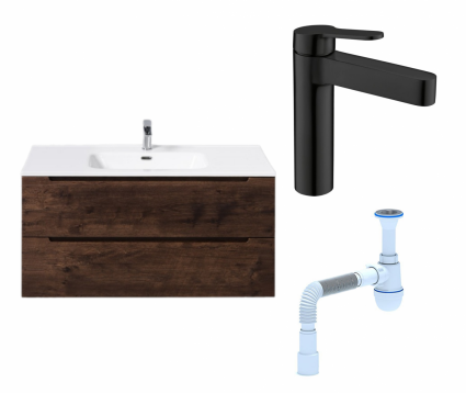 Комплект: Тумба с раковиной BelBagno Etna 100 rovere moro + Смеситель BelBagno Delta DEL-LVM-NERO черный + Сифон АниПласт