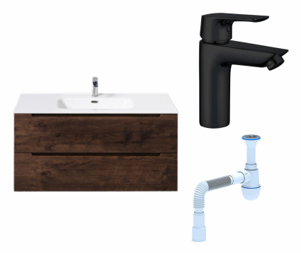 Комплект: Тумба с раковиной BelBagno Etna 100 rovere moro + Смеситель Aquanet Static AF330-10B черный + Сифон АниПласт