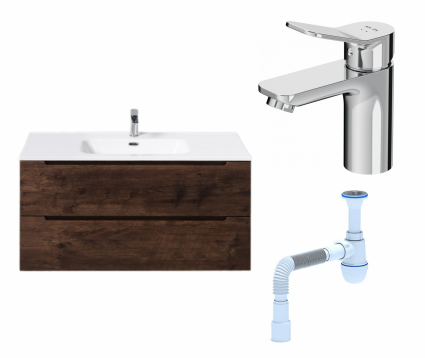Комплект: Тумба с раковиной BelBagno Etna 100 rovere moro + Смеситель Am.Pm X-Joy F85A02100 хром + Сифон АниПласт