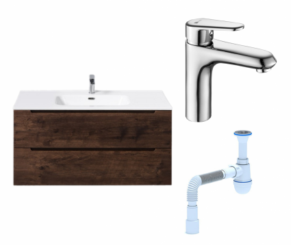 Комплект: Тумба с раковиной BelBagno Etna 100 rovere moro + Смеситель Lemark Point LM0306C хром + Сифон АниПласт