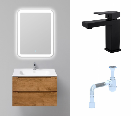 Комплект: Мебель для ванной BelBagno Etna 70 rovere nature + Смеситель Haiba HB10803-7 черный + Сифон АниПласт