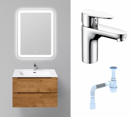Комплект: Мебель для ванной BelBagno Etna 70 rovere nature + Смеситель Wasserkraft Leine 3503 хром + Сифон АниПласт