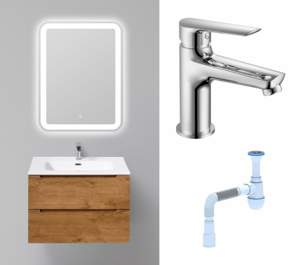 Комплект: Мебель для ванной BelBagno Etna 70 rovere nature + Смеситель Haiba HB10198 хром + Сифон АниПласт