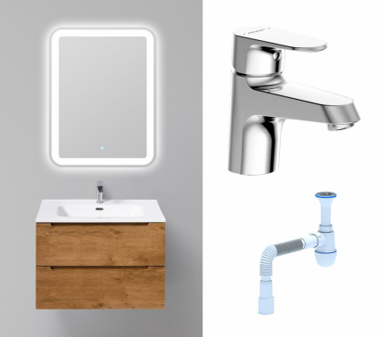 Комплект: Мебель для ванной BelBagno Etna 70 rovere nature + Смеситель Bravat Alfa F1120178CP хром + Сифон АниПласт