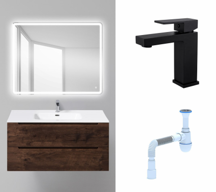 Комплект: Мебель для ванной BelBagno Etna 100 rovere moro + Смеситель Haiba HB10803-7 черный + Сифон АниПласт