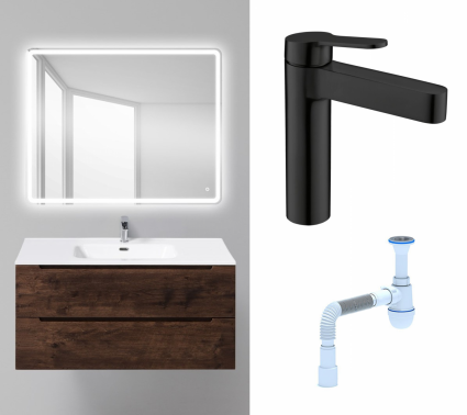 Комплект: Мебель для ванной BelBagno Etna 100 rovere moro + Смеситель BelBagno Delta DEL-LVM-NERO черный + Сифон АниПласт