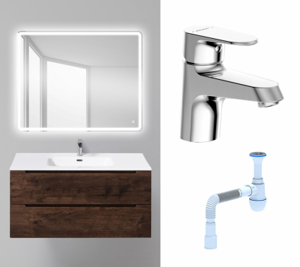 Комплект: Мебель для ванной BelBagno Etna 100 rovere moro + Смеситель Bravat Alfa F1120178CP хром + Сифон АниПласт