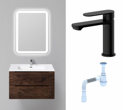 Комплект: Мебель для ванной BelBagno Etna 80 rovere moro + Смеситель Haiba HB10590-7 черный + Сифон АниПласт