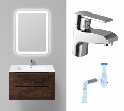 Комплект: Мебель для ванной BelBagno Etna 80 rovere moro + Смеситель Agger Right A2902100 хром + Сифон АниПласт