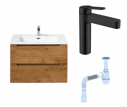 Комплект: Тумба с раковиной BelBagno Etna 70 rovere nature + Смеситель BelBagno Delta DEL-LVM-NERO черный + Сифон АниПласт