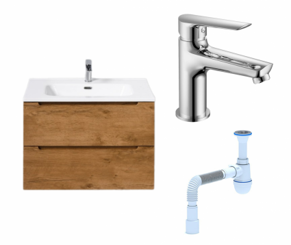 Комплект: Тумба с раковиной BelBagno Etna 70 rovere nature + Смеситель Haiba HB10198 хром + Сифон АниПласт