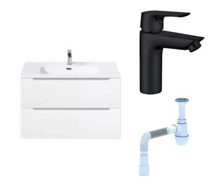 Комплект: Тумба с раковиной BelBagno Etna 80 bianco lucido + Смеситель Aquanet Static AF330-10B черный + Сифон АниПласт