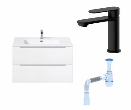 Комплект: Тумба с раковиной BelBagno Etna 80 bianco lucido + Смеситель Haiba HB10590-7 черный + Сифон АниПласт
