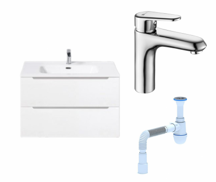 Комплект: Тумба с раковиной BelBagno Etna 80 bianco lucido + Смеситель Lemark Point LM0306C хром + Сифон АниПласт