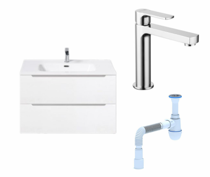 Комплект: Тумба с раковиной BelBagno Etna 80 bianco lucido + Смеситель Lemark plus Grace LM1537C хром + Сифон АниПласт