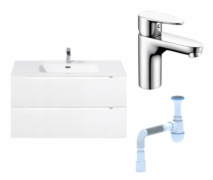 Комплект: Тумба с раковиной BelBagno Etna 90 bianco lucido + Смеситель Wasserkraft Leine 3503 хром + Сифон АниПласт