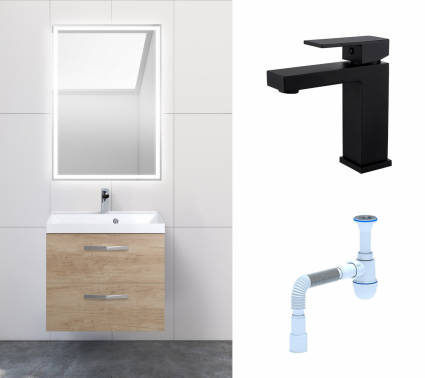 Комплект: Мебель для ванной BelBagno Aurora 60 rovere nebrasca nature + Смеситель Haiba HB10803-7 черный + Сифон АниПласт