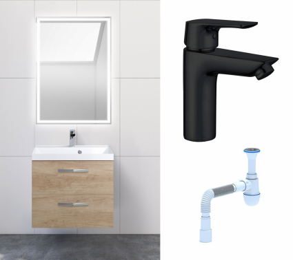 Комплект: Мебель для ванной BelBagno Aurora 60 rovere nebrasca nature + Смеситель Aquanet Static AF330-10B черный + Сифон АниПласт