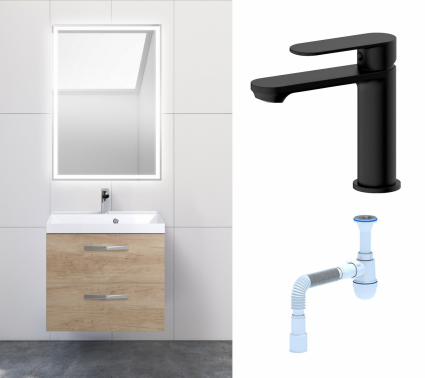 Комплект: Мебель для ванной BelBagno Aurora 60 rovere nebrasca nature + Смеситель Haiba HB10590-7 черный + Сифон АниПласт
