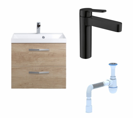 Комплект: Тумба с раковиной BelBagno Aurora 60 rovere nebrasca nature + Смеситель BelBagno Delta DEL-LVM-NERO черный + Сифон АниПласт