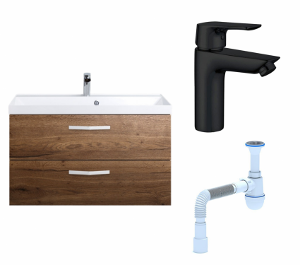 Комплект: Тумба с раковиной BelBagno Aurora 90 rovere tabacco + Смеситель Aquanet Static AF330-10B черный + Сифон АниПласт