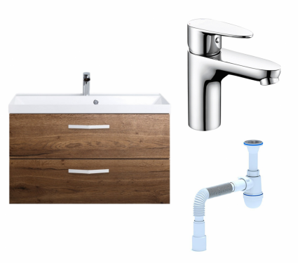 Комплект: Тумба с раковиной BelBagno Aurora 90 rovere tabacco + Смеситель Wasserkraft Leine 3503 хром + Сифон АниПласт