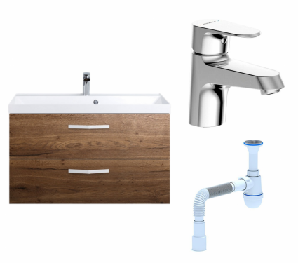 Комплект: Тумба с раковиной BelBagno Aurora 90 rovere tabacco + Смеситель Bravat Alfa F1120178CP хром + Сифон АниПласт