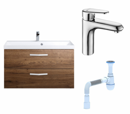 Комплект: Тумба с раковиной BelBagno Aurora 90 rovere tabacco + Смеситель Lemark Point LM0306C хром + Сифон АниПласт