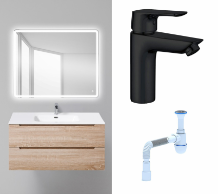 Комплект: Мебель для ванной BelBagno Etna 100 rovere bianco + Смеситель Aquanet Static AF330-10B черный + Сифон АниПласт