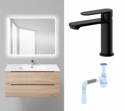 Комплект: Мебель для ванной BelBagno Etna 100 rovere bianco + Смеситель Haiba HB10590-7 черный + Сифон АниПласт