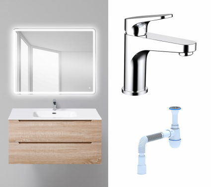 Комплект: Мебель для ванной BelBagno Etna 100 rovere bianco + Смеситель Bravat Eler F1191238CP-RUS хром + Сифон АниПласт
